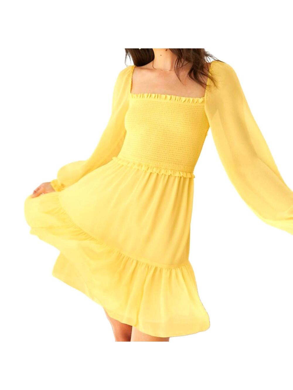 Aritzia Wilfred Tempest Yellow Smocked Chiffon Mini Dress Medium Puff Sleeve